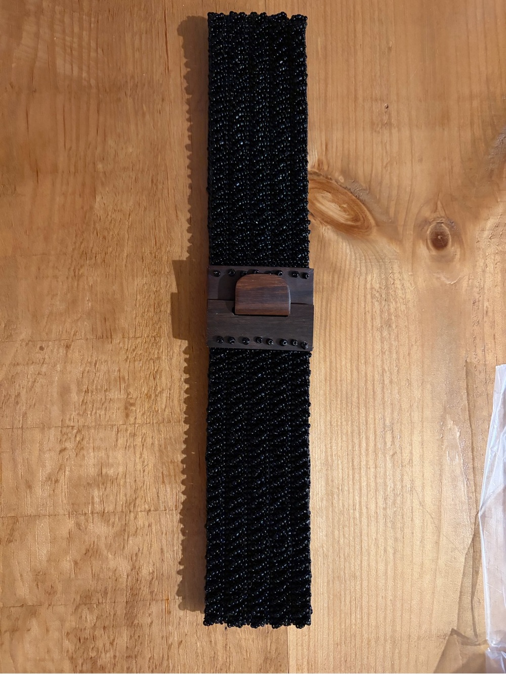 Black Beaded Stretch Waist Belt with Wooden Buckle